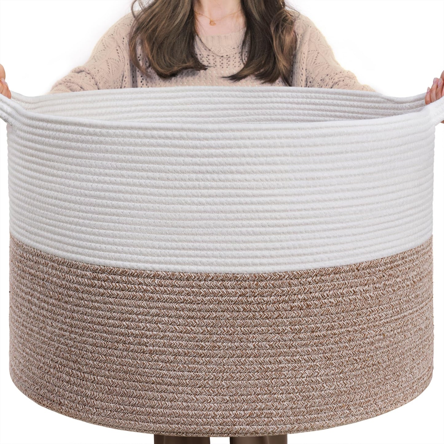 INDRESSME XXXLarge Cotton Rope Basket 21.7" x 21.7" x 13.8" Woven Baby Laundry Blanket Basket Toy Baskets with Handle Storage Comforter Cushions Thread Laundry Hamper Home Decor Living Room