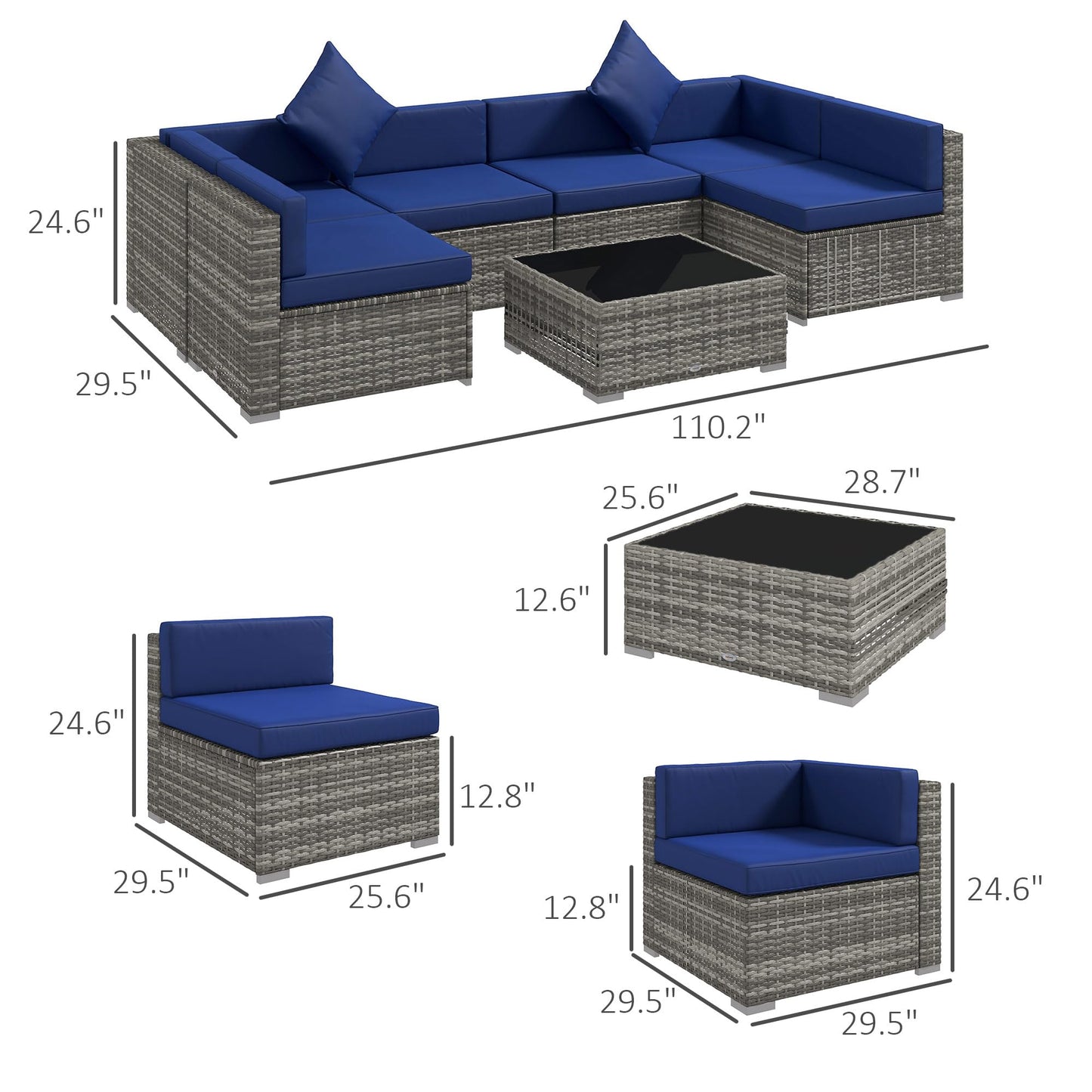 Outsunny 7-Piece Patio Furniture Set, Outdoor Wicker Conversation Set, All Weather PE Rattan Sectional Sofa Set with Cushions and Tempered Glass Top Coffee Table, Pillows, Blue