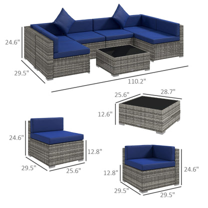 Outsunny 7-Piece Patio Furniture Set, Outdoor Wicker Conversation Set, All Weather PE Rattan Sectional Sofa Set with Cushions and Tempered Glass Top Coffee Table, Pillows, Blue