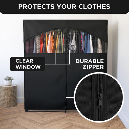 HOLDN’ STORAGE Portable Wardrobe Closet - 65 lb Large Capacity, Internal Heavy Duty Metal Rod, Zipper & Clear Window, Durable Clothes Organizer, Tool-Free Easy Assembly, Black Canvas Cover