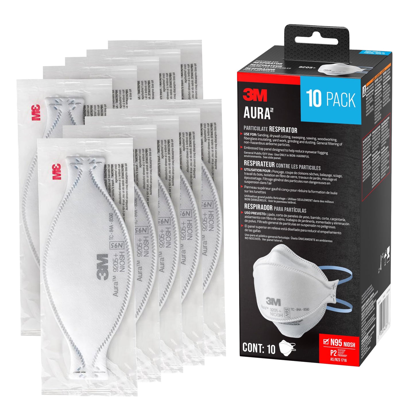 3M Aura Particulate Respirator 9205+ N95, Lightweight, Three Panel Designed Respirator Helps Provide Comfortable And Convenient Respiratory Protection, 10-Pack