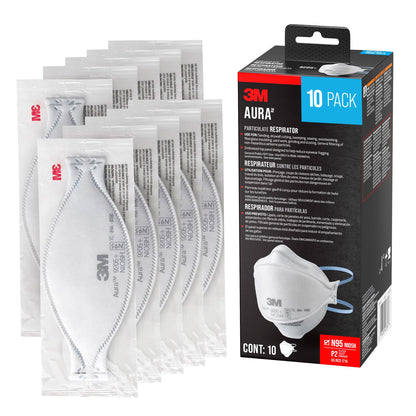 3M Aura Particulate Respirator 9205+ N95, Lightweight, Three Panel Designed Respirator Helps Provide Comfortable And Convenient Respiratory Protection, 10-Pack