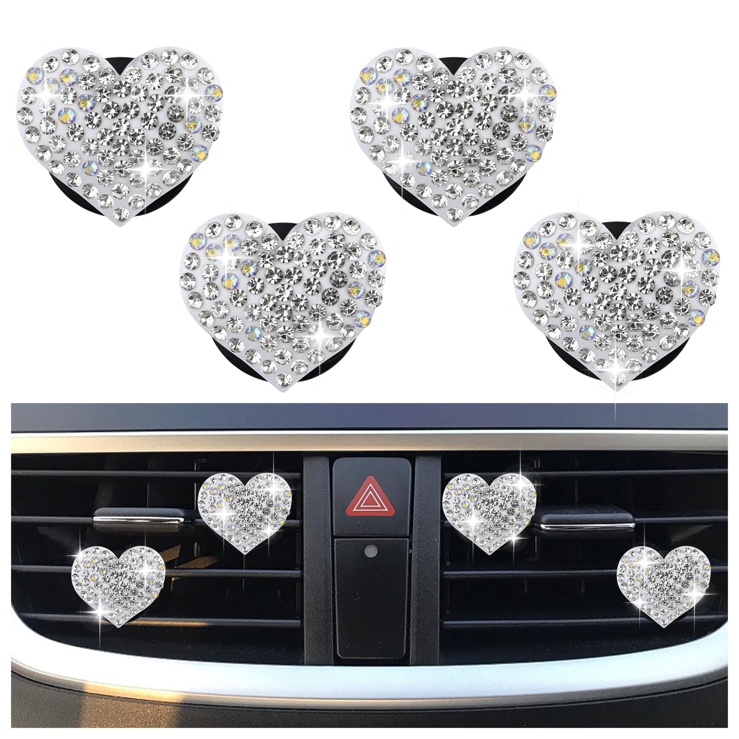 4PCS Heart-Shaped Car Vent Clips with Rhinestone,Bling Air Vent Clips Car Decorations,Premium Shiny Car Clips for Vents CCar Accessories Interior for Cars,Trucks,SUVs (White)