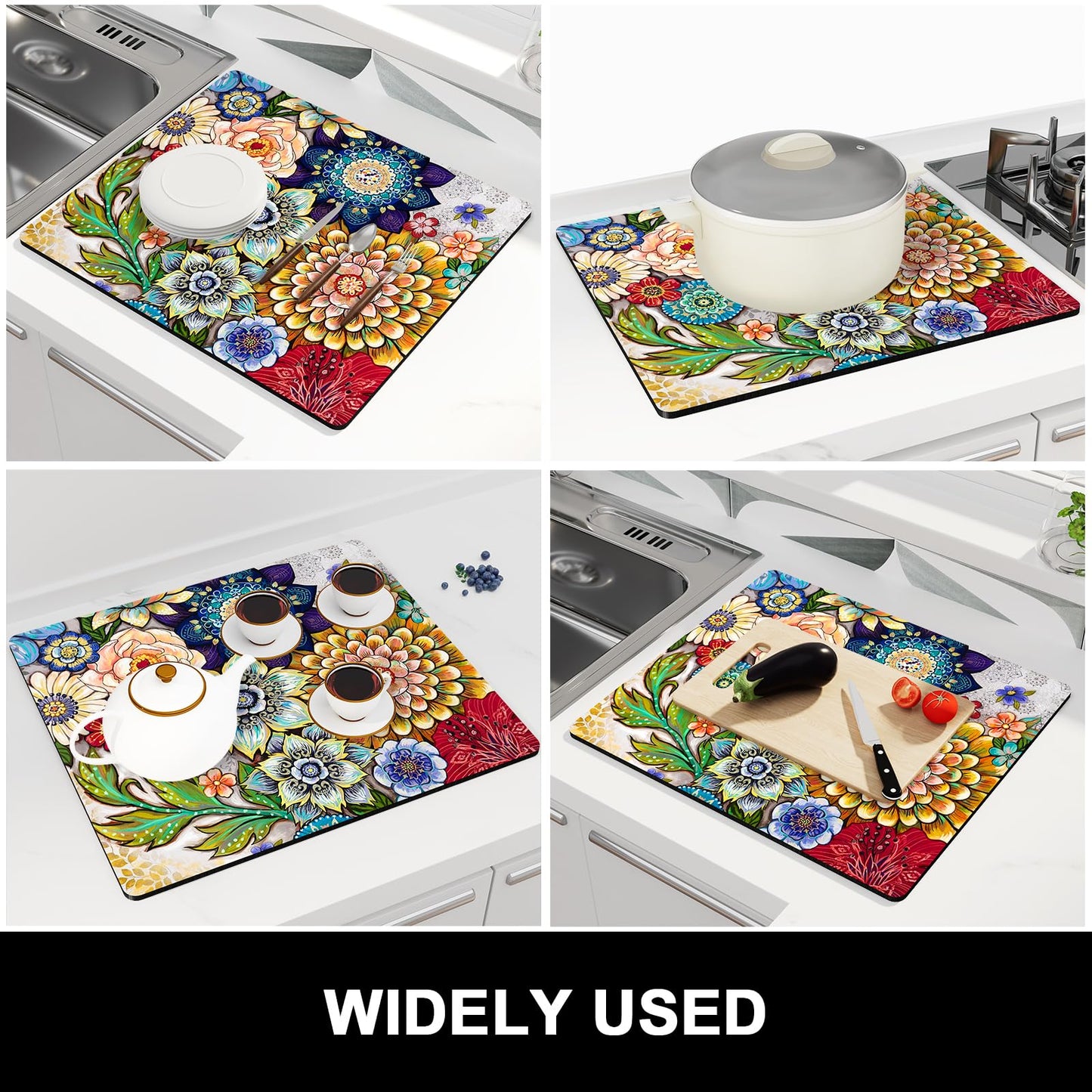 Rnivvi Dish Drying Mat for Kitchen Counter, 16 x 18" Cute Flower Theme Absorbent Heat Resistant Drying Pad with Non-slip Rubber, Coffee Bar Mats for Coffee Machine Dish Rack, Mandala Floral