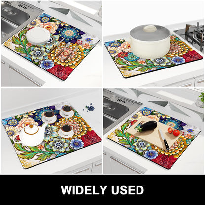 Rnivvi Dish Drying Mat for Kitchen Counter, 16 x 18" Cute Flower Theme Absorbent Heat Resistant Drying Pad with Non-slip Rubber, Coffee Bar Mats for Coffee Machine Dish Rack, Mandala Floral