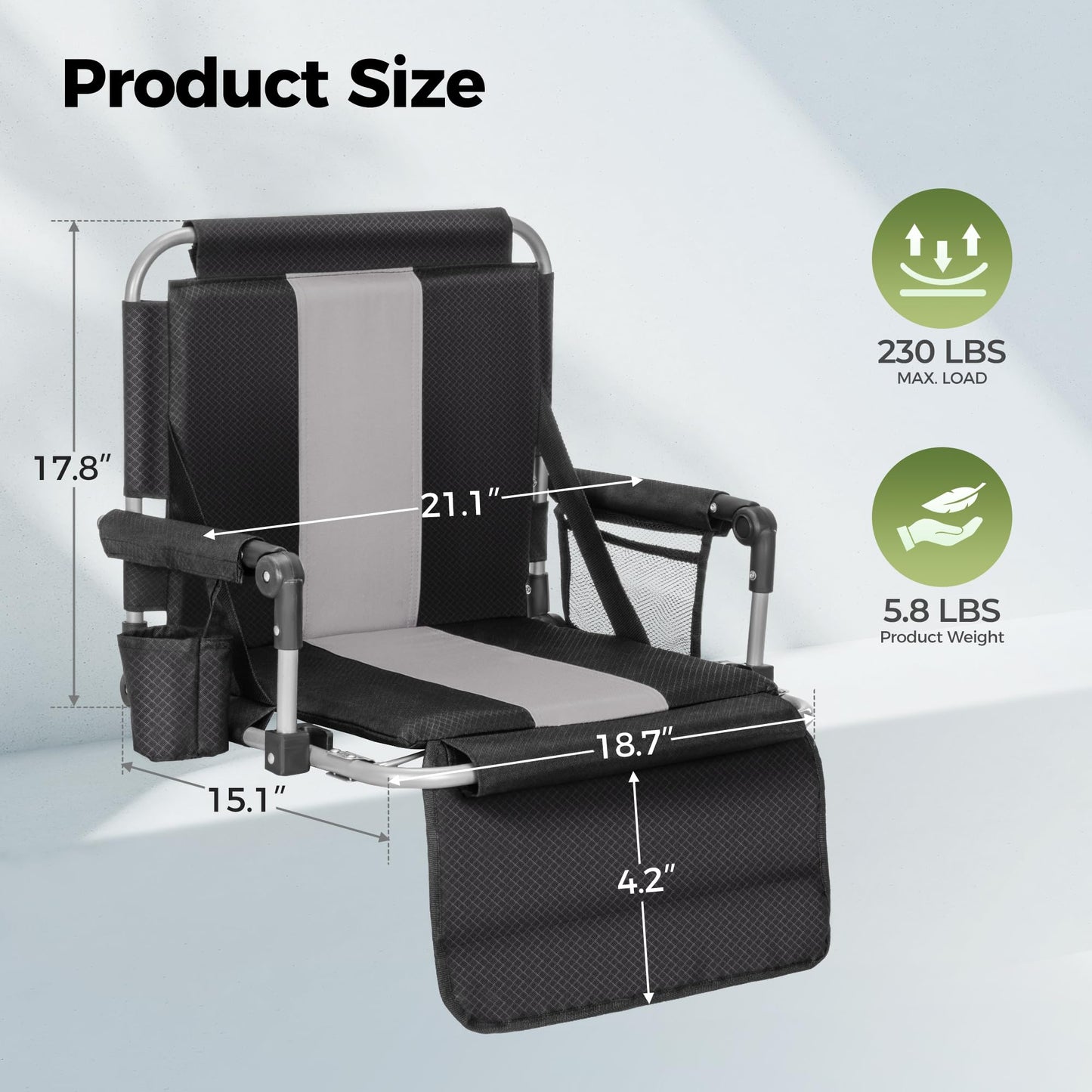 ALPHA CAMP 2 Packs Stadium Seat Chair for Bleachers with Back & Arm Rest, Black Grey