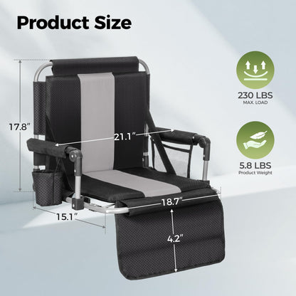 ALPHA CAMP 2 Packs Stadium Seat Chair for Bleachers with Back & Arm Rest, Black Grey