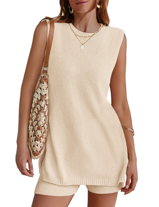 NENONA Women's Summer Sleeveless Sweater Lounge Sets Casual Knit Tunic Tops and Shorts 2 Piece Vacation Outfits,Beige,M