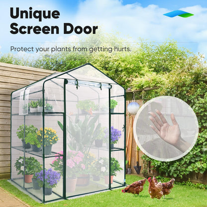 Quictent Greenhouse for Outdoors, Mini Walk-in Portable Flower Garden Plant Kit Outside, Heavy Duty 3 Tiers 8 Shelves Steel Frame & Durable Cover W/ Screen Door & Window, 4.7x4.7x6.4 FT, Clear