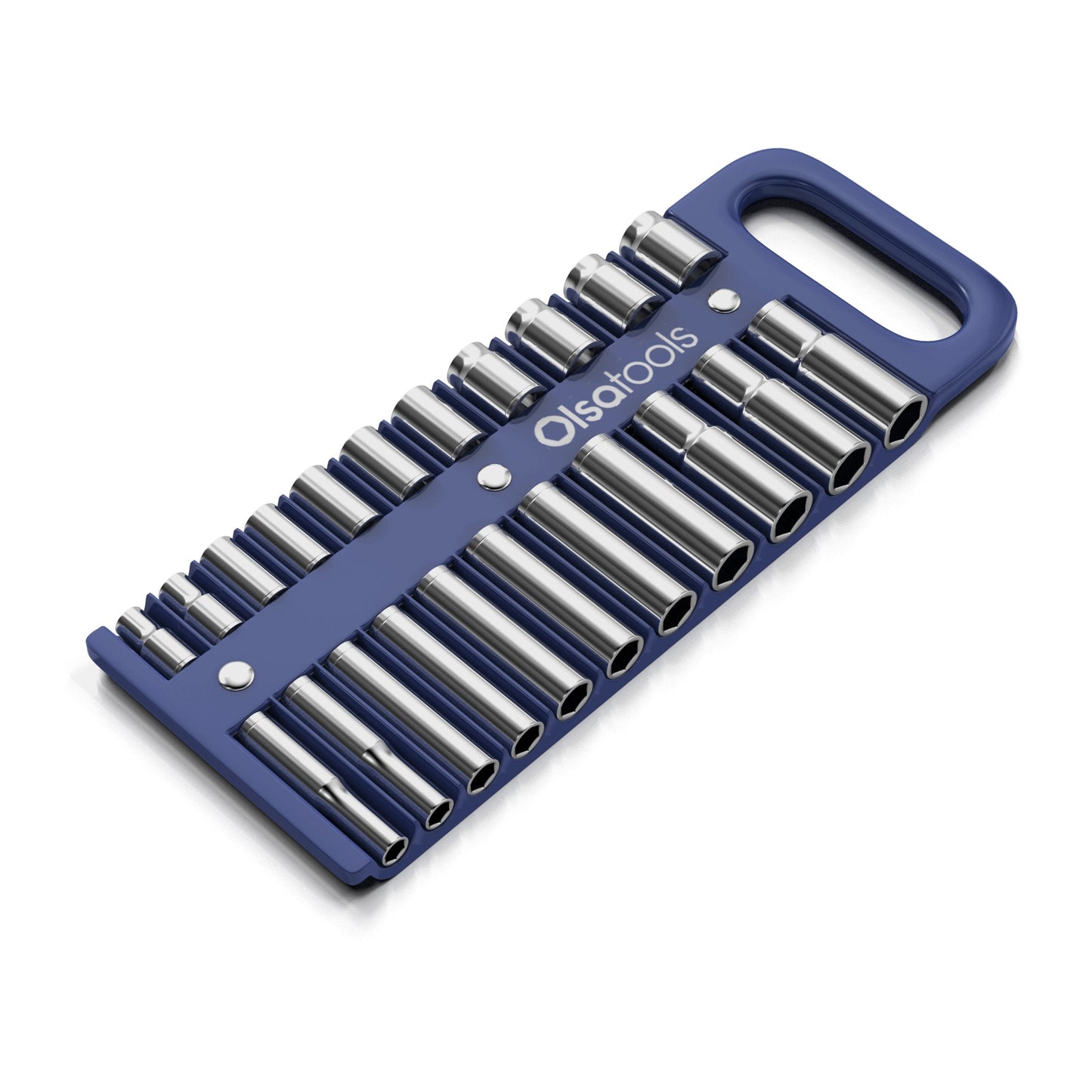Olsa Tools Magnetic Portable Socket Organizer Tray - 1/2-Inch Drive - Blue Holder for Deep & Shallow Sockets - Fits up to 1-3/16" SAE or 30mm Metric - Quality Product for Professionals - Part 1080