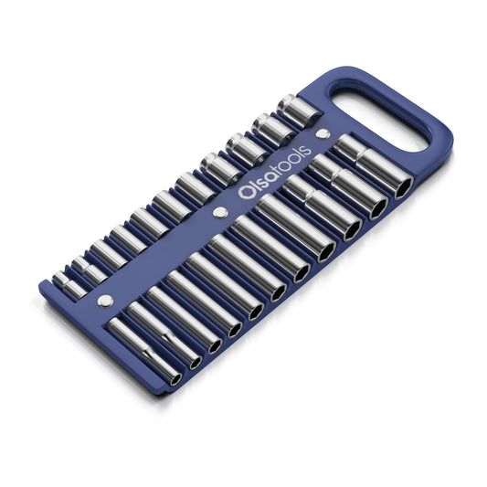 Olsa Tools Magnetic Portable Socket Organizer Tray - 1/2-Inch Drive - Blue Holder for Deep & Shallow Sockets - Fits up to 1-3/16" SAE or 30mm Metric - Quality Product for Professionals - Part 1080