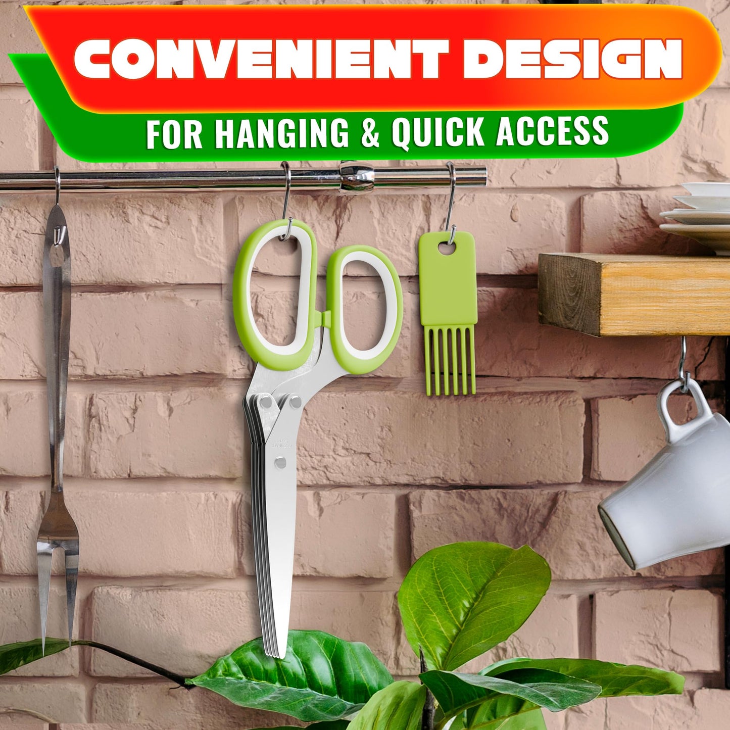 Herb Scissors with 5 Blades and Cover – Stainless Steel Herb Cutter for Fast & Precise Cutting, Compact, Easy-to-Store Design – Ergonomic Handle & Cleaning Brush for Quick and Comfortable Kitchen Prep