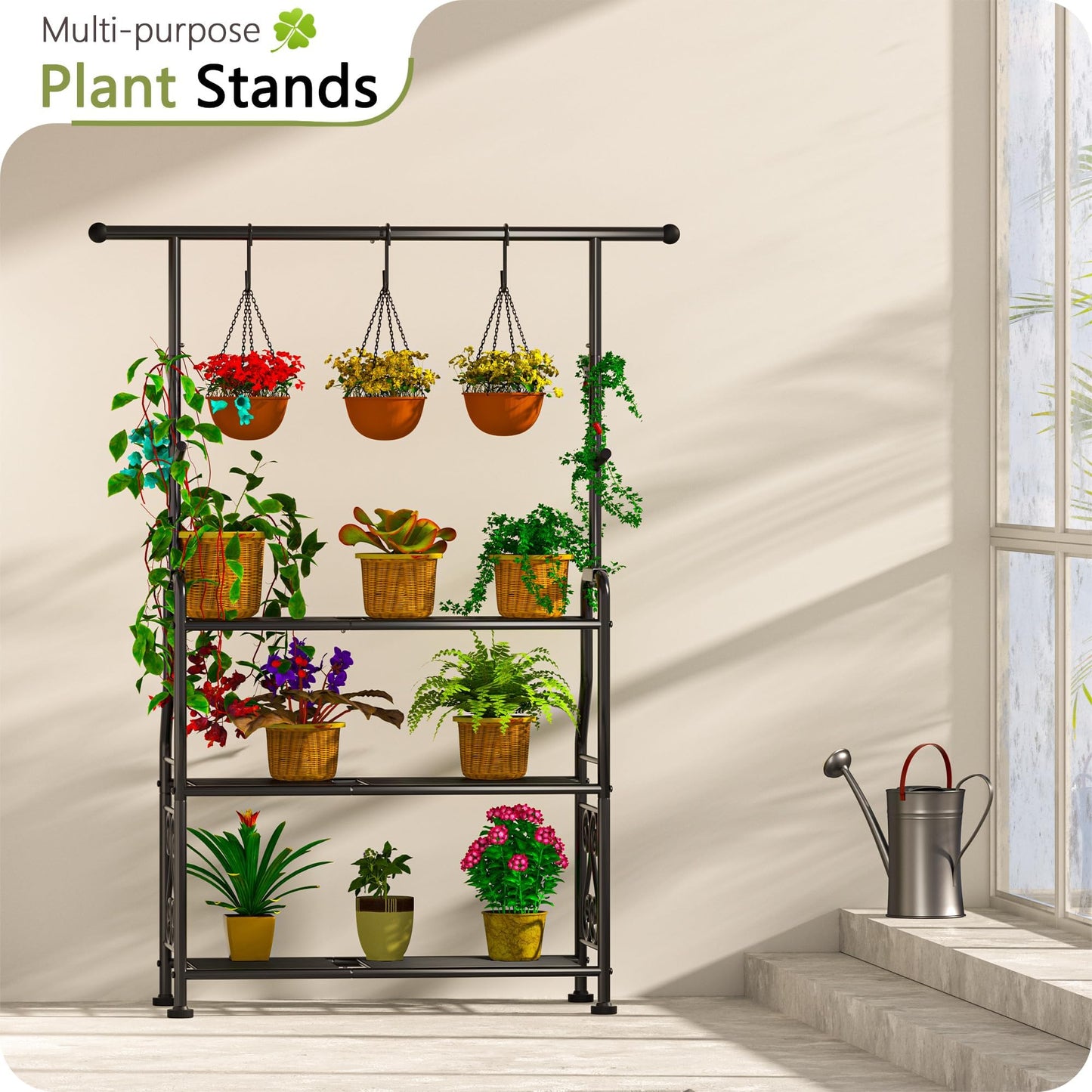 GIOTORENT Plant Stand Indoor, 3-Tier Heavy Duty Metal Shelf for Patio & Indoor, Tall Plant Holds 14+ Plants with 5 Hooks, Rust-Proof Plant Holder for Garden, Balcony, Living Room, Black