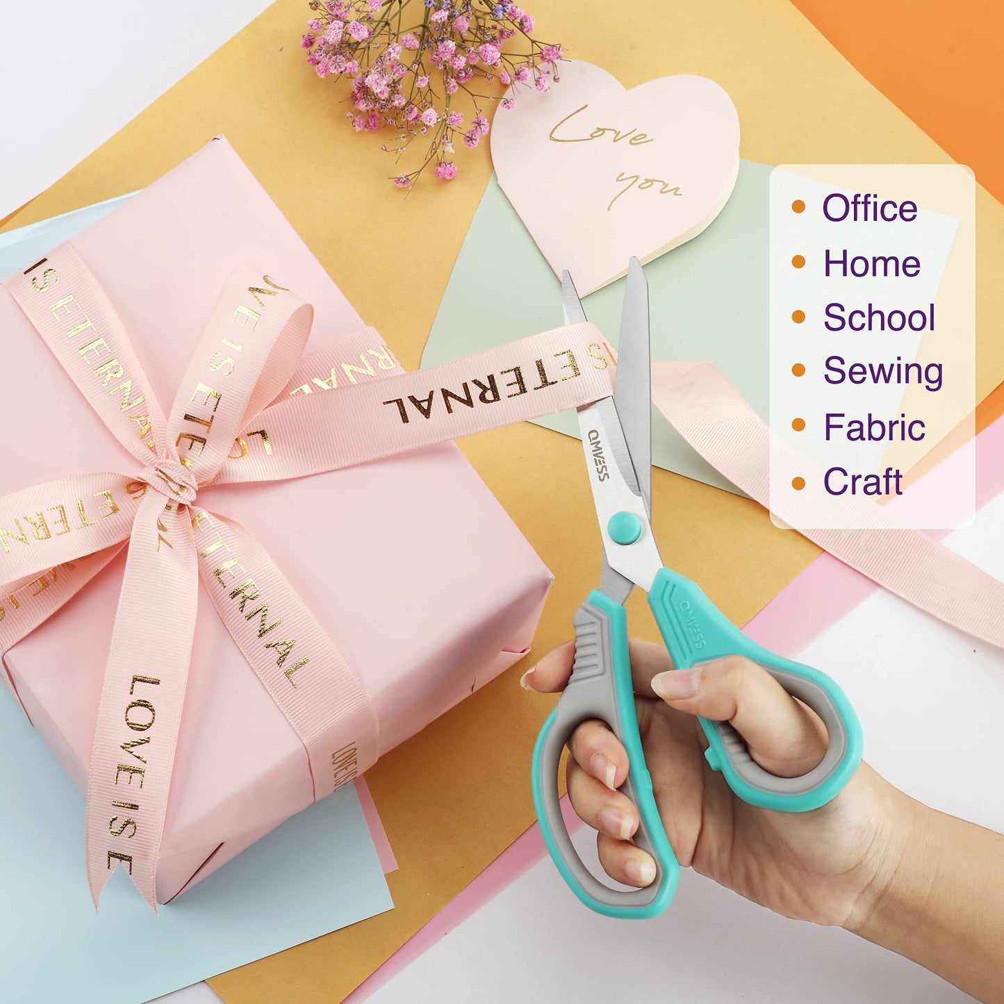 QMVESS 8.5" Scissors All Purpose 3 Pack, Ultra Sharp 2.5mm Thick Blade Scissors for Office, Professional Ergonomic Comfort Grip for Office School Home Fabric Sewing DIY Craft Cutting General Use