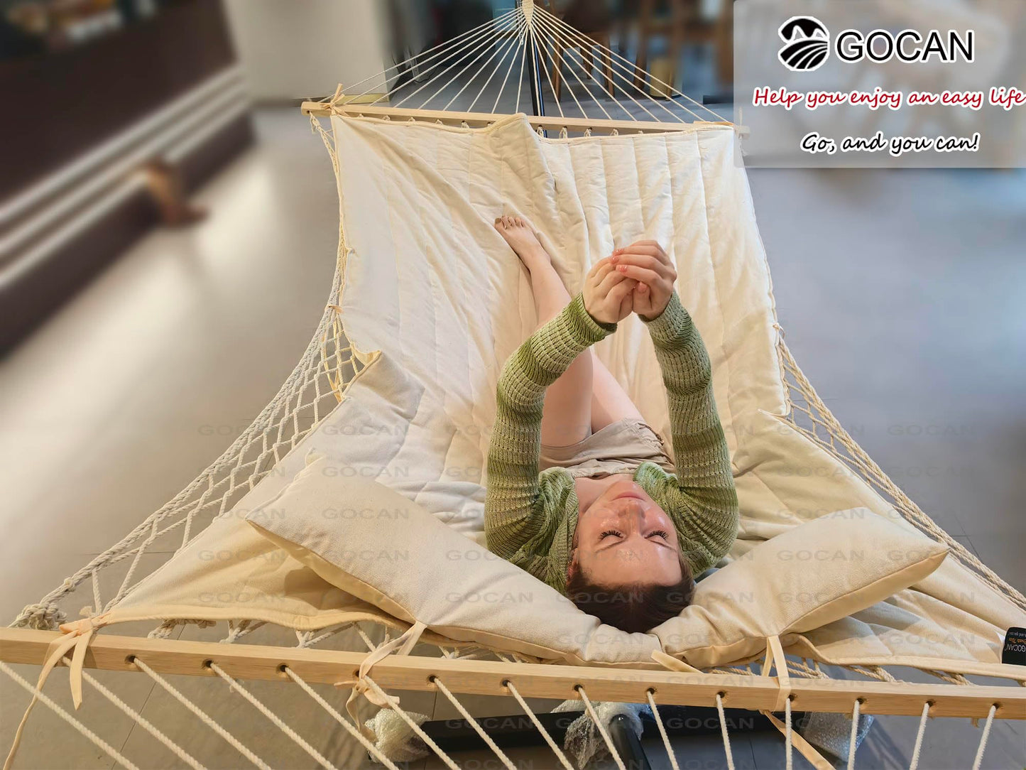 GOCAN Mesh Hammock,Cotton Rope hammocks with Pad Chains Hooks Tree Straps fit Stands from 9' to 15' for Outside Indoor Patio Yard