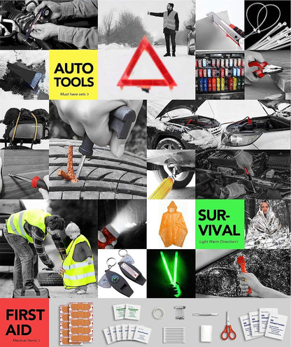 Kitgo Car Emergency Kit,Premium Roadside Assistance Essentials with Jumper Cables, Flashlight, Shovel, Screwdriver Set - Ideal Auto Road Safety Kit, Survival, Truck, RV and More Gift for Father (Red)