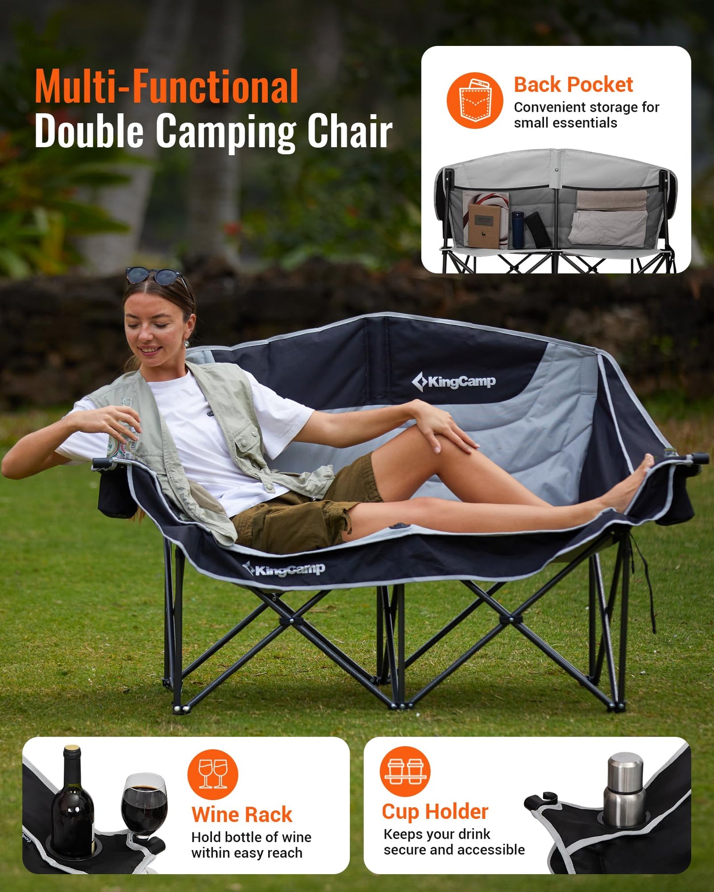 KingCamp Double Camping Chair, Oversized 660lbs Heavy Duty Loveseat for Adults Portable Folding XL 2 Person Couch Padded Comfortable Two Seat with Cup Holder for Outdoor Lawn Backyard, Black/Grey