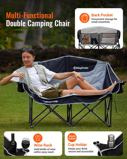 KingCamp Double Camping Chair, Oversized 660lbs Heavy Duty Loveseat for Adults Portable Folding XL 2 Person Couch Padded Comfortable Two Seat with Cup Holder for Outdoor Lawn Backyard, Black/Grey