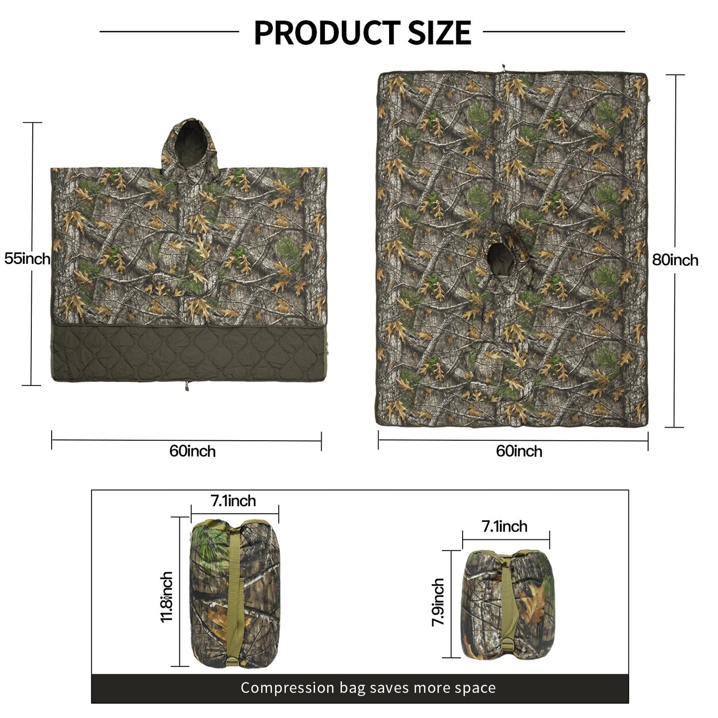 LOOGU Camo Blanket Waterproof Poncho Liner Military Zipper Insulated Sleeping Bag Outdoor Camping Hiking Hunting Travel Survival Backpacking