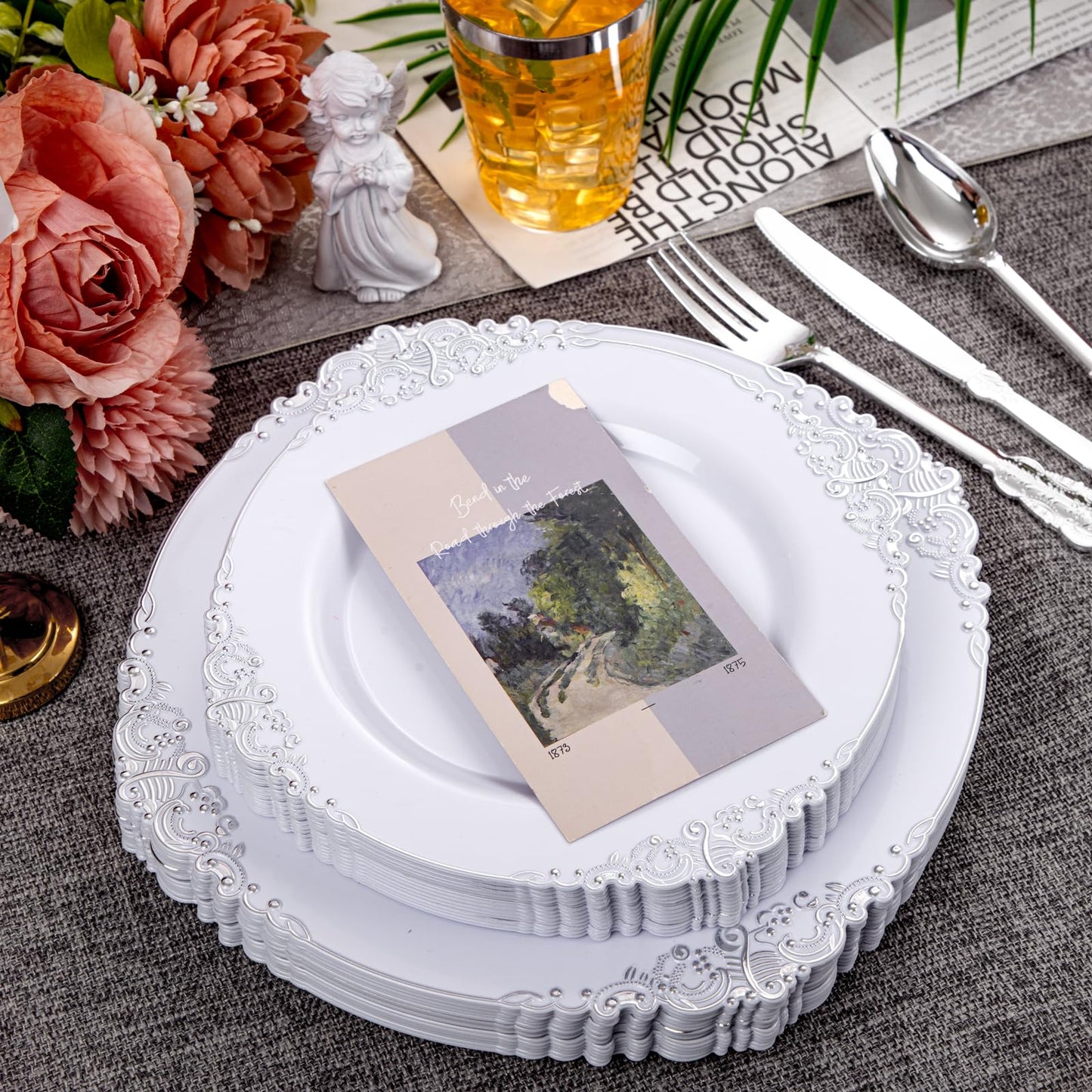 Hioasis 210pcs White and Silver Plastic Plates - Elegant Disposable Dinnerware Set Suitable for 30 Guests Include 10.25 Dinner & 7.5 Dessert Plates, Pre Rolled Silverware Set, Cups for Party & Wedding