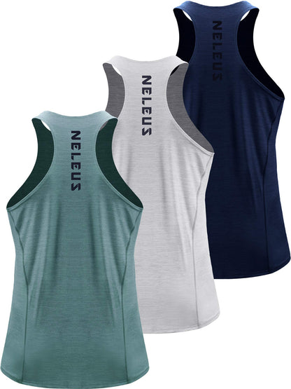 NELEUS Men's 3 Pack Running Tank Tops Dry Fit Muscle Athletic Workout Shirts,5069,Navy,Light Grey,Light Green,US L,EU XL