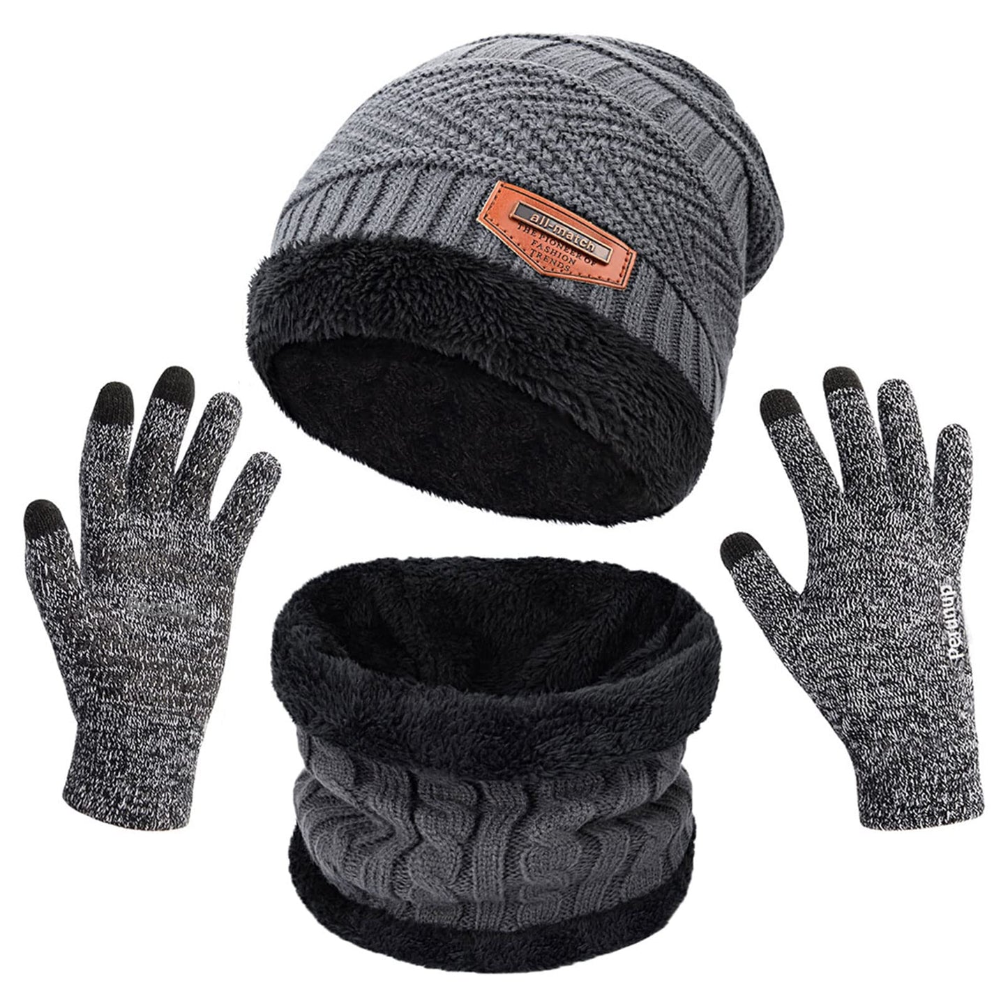 MAYLISACC 3 Pcs Mens Womens Winter Warm Fleece Beanie Hat with Touch Screen Gloves and Neck Warmer Gaiter Set Grey