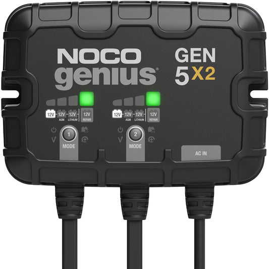 NOCO Genius GEN5X2: 2-Bank, 10A Onboard Battery Charger - 5A Per Bank, 12V Waterproof Marine Charger with Overcharge Protection & Temperature Compensation – for Lead-Acid & Lithium Batteries
