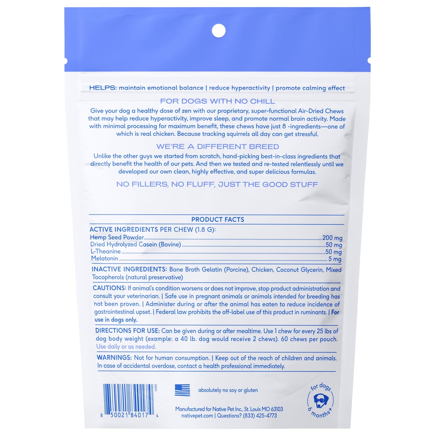 Native Pet Calming Chews for Dogs - Melatonin for Dogs Anxiety Relief - Grain Free All Natural Hemp Calming Treats & L-Theanine Helps Manage Stress & Separation Anxiety - Puppy Sleep Aid - 60 Chews