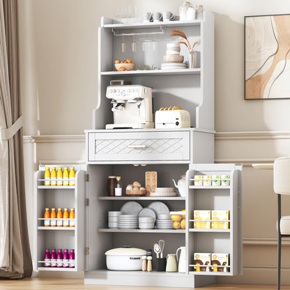 kepptory 66" Kitchen Pantry Cabinet with Microwave Shelf, Pantry Storage Cabinet with Adjustable Shelves and Drawer, Kitchen Buffet Cupboards Sideboard for Home Office Use (16" D x 24" W x 66" H)