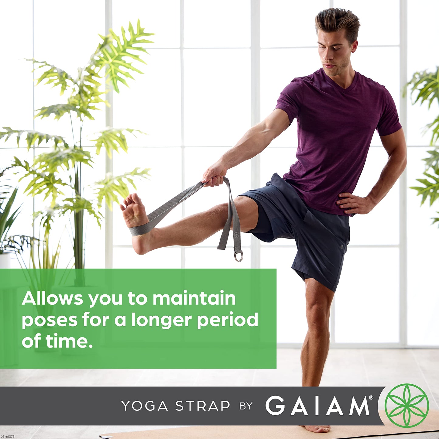 Gaiam Yoga Strap 8ft Stretch Band with Adjustable Metal D-Ring Buckle Loop - Exercise & Fitness Stretching for Yoga, Pilates, Physical Therapy, Dance, Gym Workouts (Black)