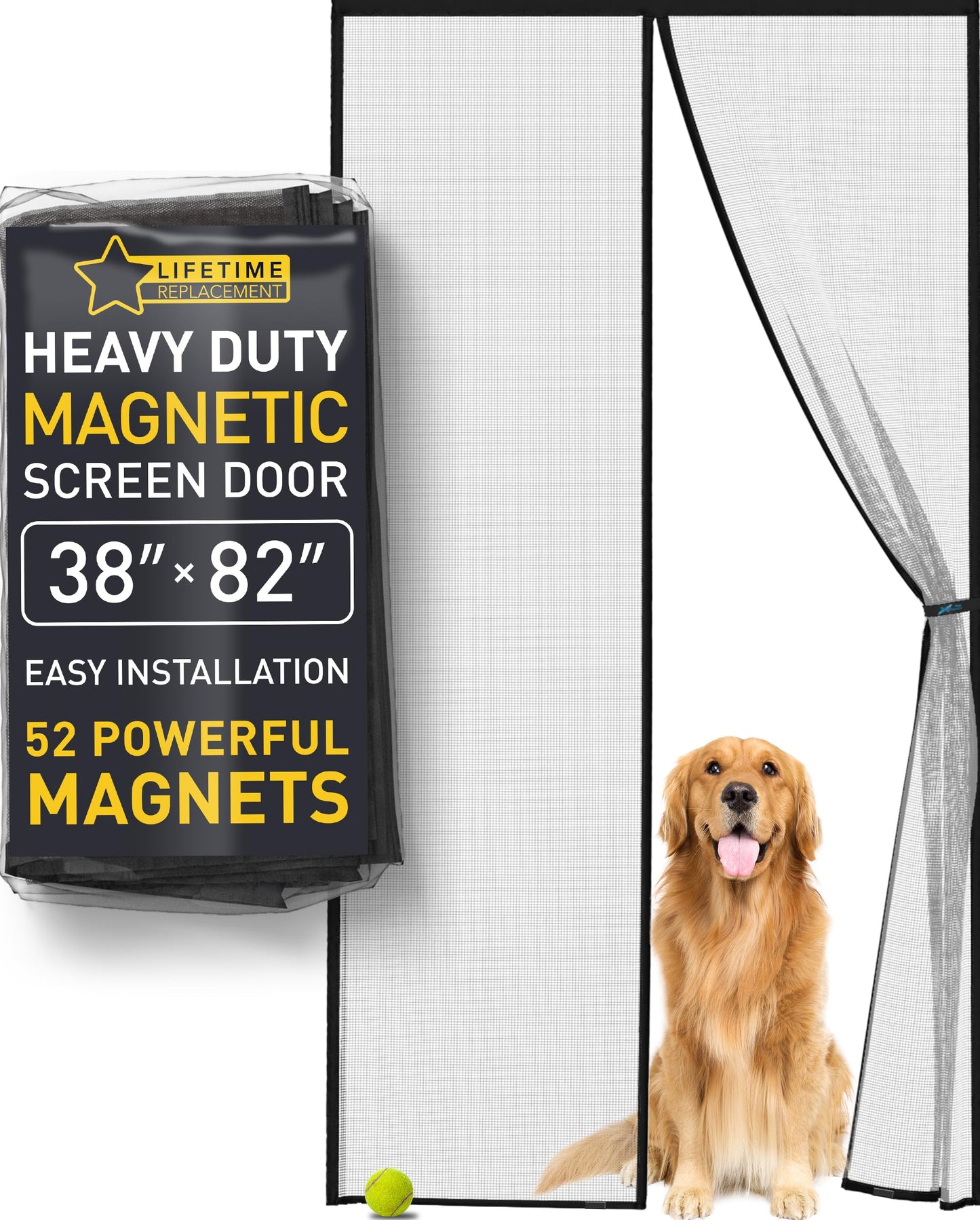 Magnetic Screen Door - Bugs Out, Breeze in - 9min Install Auto-Sealing Heavy Duty Double Stitched Mesh, 52 Magnets, Hands Free Sliding & Patio Door Net, Pet & Kid Friendly, 38 x 82 Inch, Flux Phenom