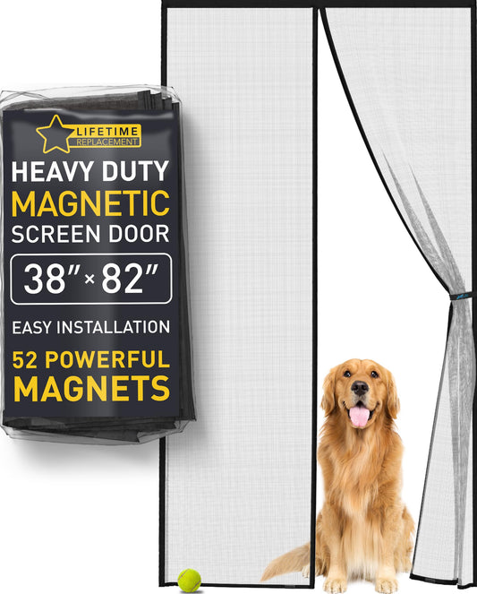 Magnetic Screen Door - Bugs Out, Breeze in - 9min Install Auto-Sealing Heavy Duty Double Stitched Mesh, 52 Magnets, Hands Free Sliding & Patio Door Net, Pet & Kid Friendly, 38 x 82 Inch, Flux Phenom