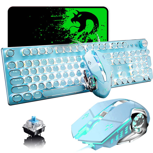 Gaming Keyboard and Mouse,Retro Steampunk Vintage Typewriter-Style Mechanical Keyboard with White LED Backlit,104-Key Anti-Ghosting Blue Switch Wired USB Metal Panel Round Keycaps(Blue)