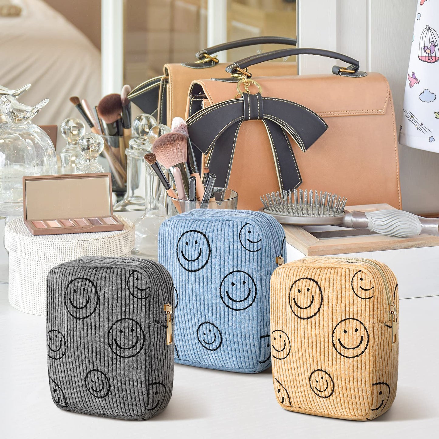 Photect 3 Pcs Corduroy Cosmetic Bag Smile Face Aesthetic Preppy Pencil Pouch Purse Travel Beauty Makeup Bags for School Christmas Women Holiday Organizer Gifts(Stylish,Yellow, Gray, Blue)