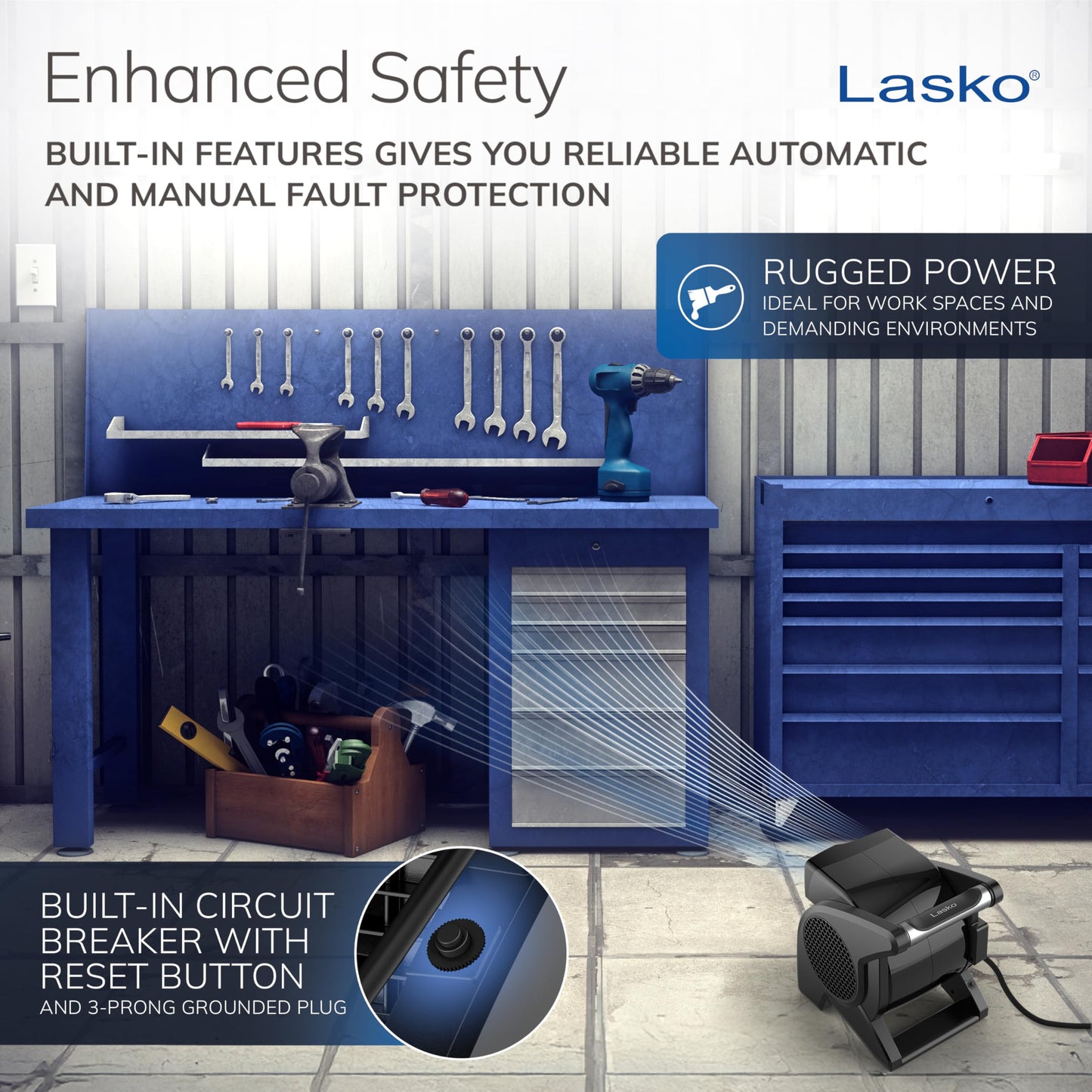 Lasko High Velocity Fan, 15" Professional Utility Fan, 375 CFM, Pivoting Blower with 3 Speeds, 2 Accessory Outlets, 120V, Black, Model U15617