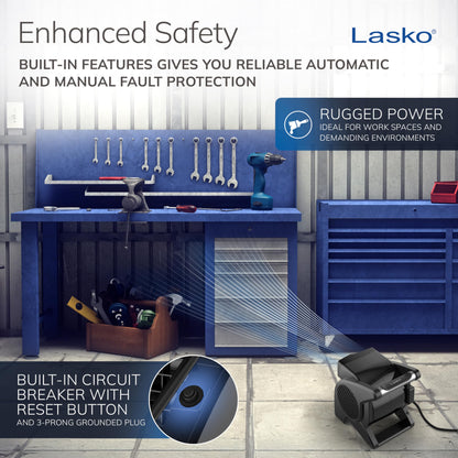 Lasko High Velocity Fan, 15" Professional Utility Fan, 375 CFM, Pivoting Blower with 3 Speeds, 2 Accessory Outlets, 120V, Black, Model U15617