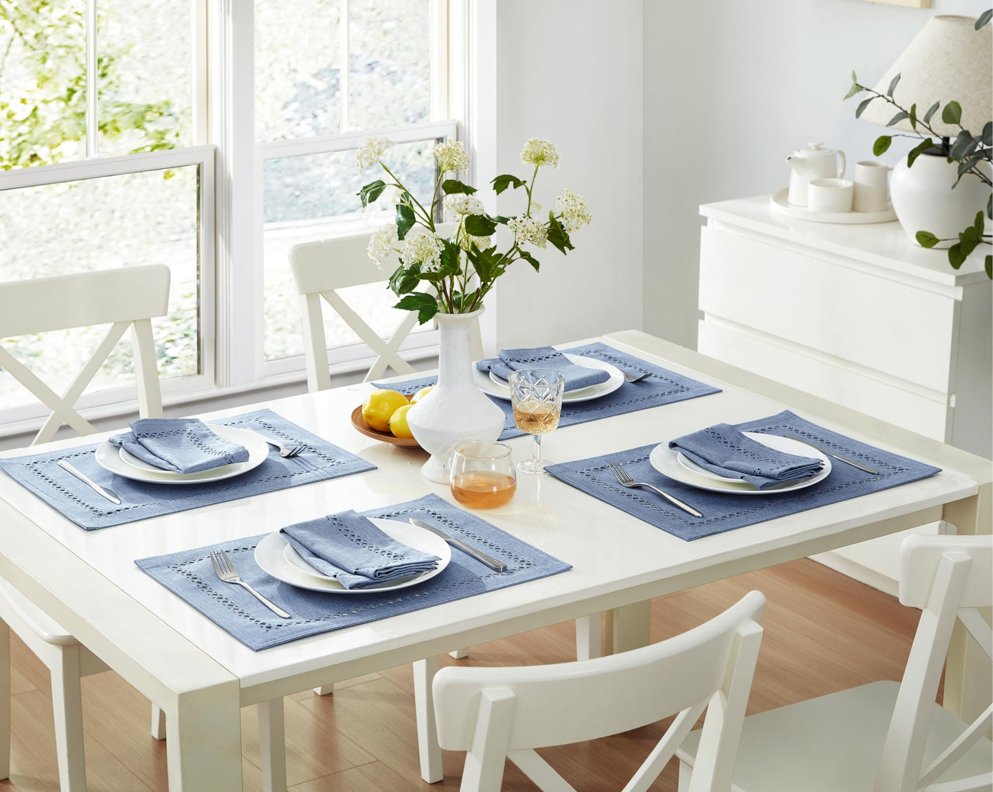 Newbridge Rectangle Fabric Placemats, Set of 4 Placemats, Provence Lattice Cutwork Solid Color Textured, Water and Stain Resistant Easy Care, Wedgewood Blue