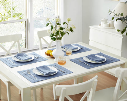 Newbridge Rectangle Fabric Placemats, Set of 4 Placemats, Provence Lattice Cutwork Solid Color Textured, Water and Stain Resistant Easy Care, Wedgewood Blue