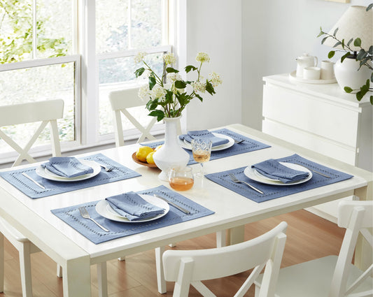 Newbridge Rectangle Fabric Placemats, Set of 4 Placemats, Provence Lattice Cutwork Solid Color Textured, Water and Stain Resistant Easy Care, Wedgewood Blue