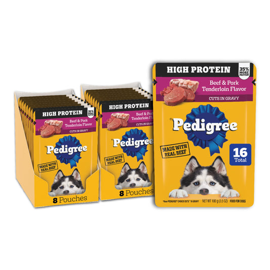 Pedigree High Protein Adult Soft Wet Dog Beef & Pork Tenderloin, 3.5 oz. Pouches, 16 Count