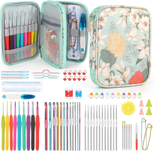 Katech 85 pcs Crochet Hooks Kit Knitting Accessories with Crochet Case, Small Sizes Crochet Hooks for Knitting Lace Yarn, Colorful Ergonomic Crochet Needles Set for Making Sweater, Bag and Hat (Green)