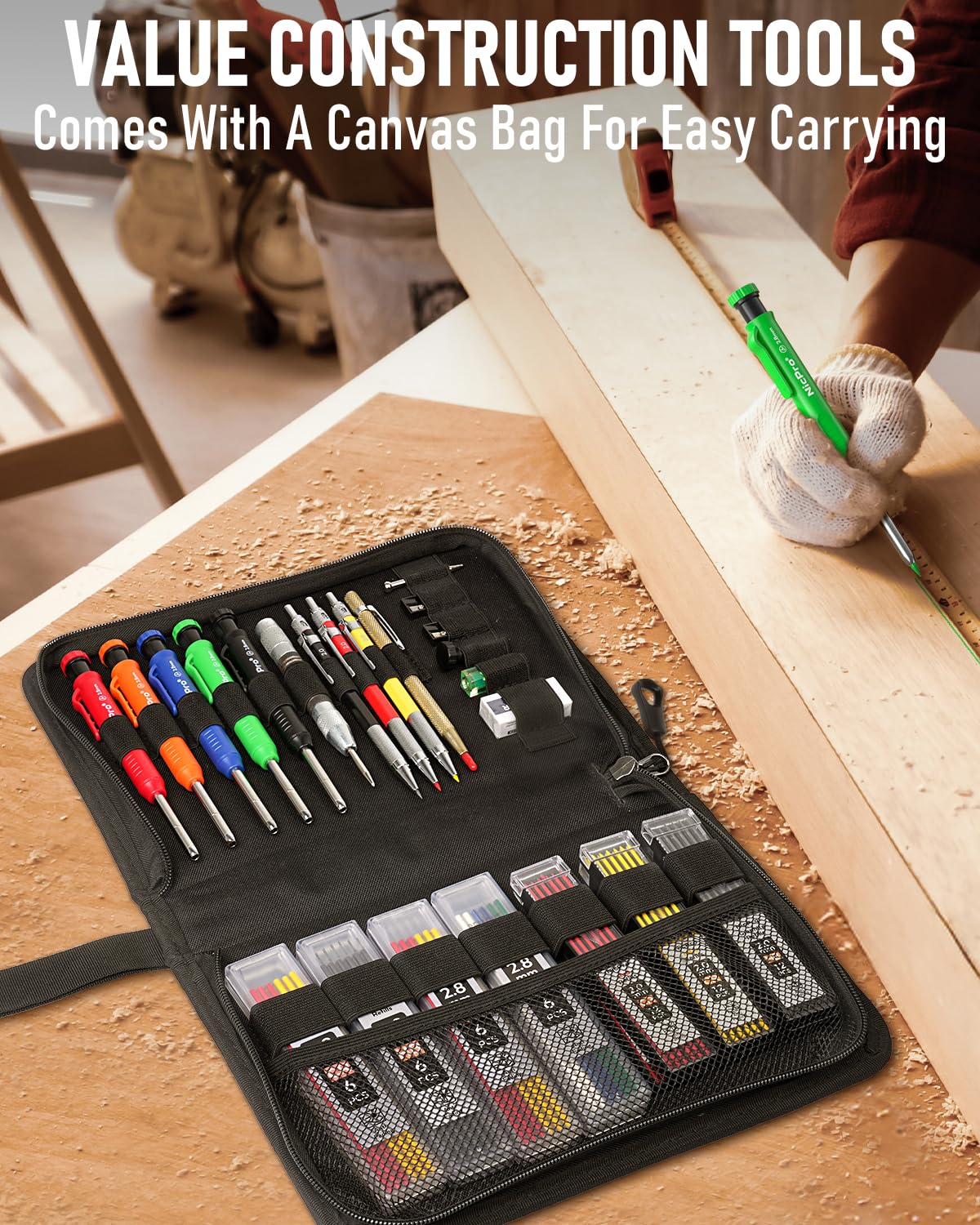 Nicpro 31 Pack Carpenter Pencil Set with Sharpener, Mechanical Carpenter Pencils with 128PCS Refills and Carbide Scribe Tool, Heavy Duty Construction Pencils for Architect Woodworking-With Canvas Case
