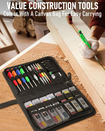 Nicpro 31 Pack Carpenter Pencil Set with Sharpener, Mechanical Carpenter Pencils with 128PCS Refills and Carbide Scribe Tool, Heavy Duty Construction Pencils for Architect Woodworking-With Canvas Case