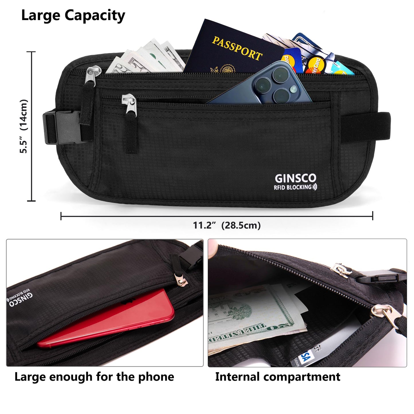 Money Belt for Travel Women Hidden Ginsco Slim RFID Blocking Passport Holder Unisex Travel Money Belt Under Clothes Anti Theft Travel Hidden Wallet for Travelling Workout Running Black 11''