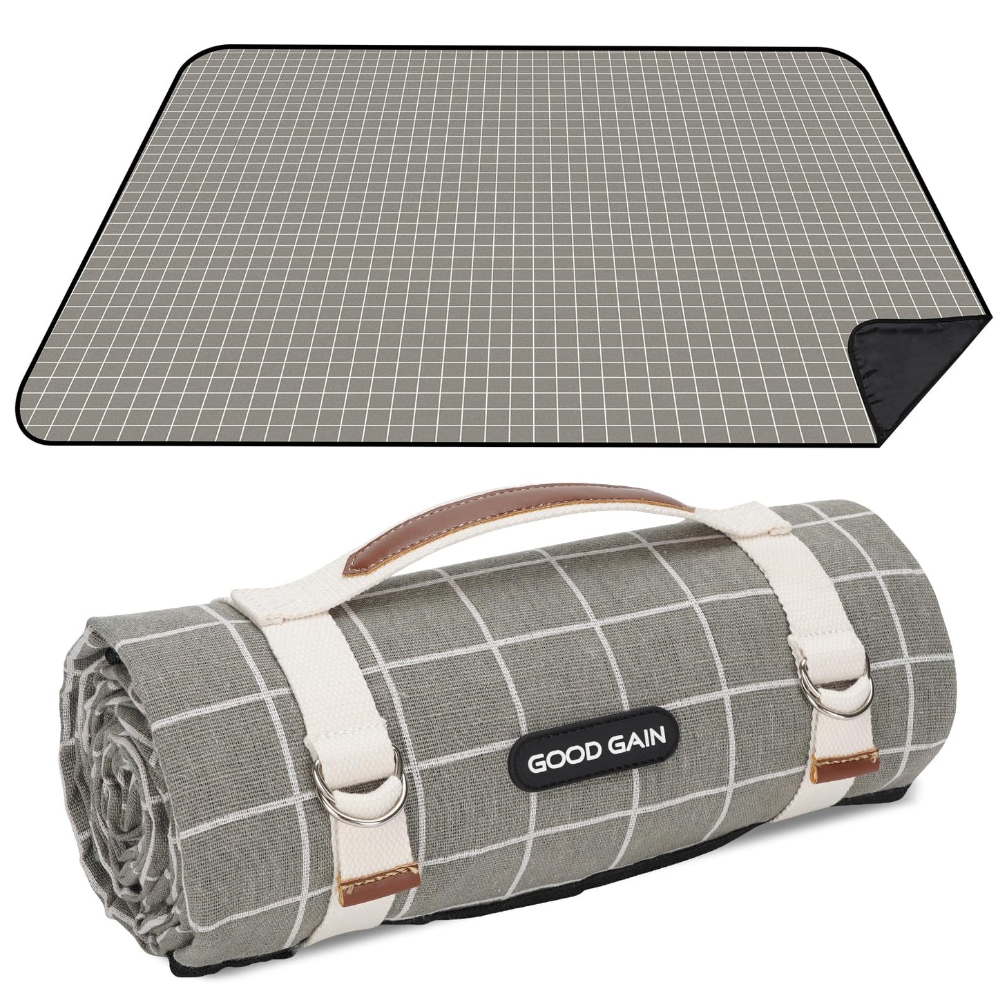 Picnic Outdoor Blankets Waterproof Extra Large - Beach Mat Sand Free Foldable with Carry Strap | Portable Camping Blanket | Park Blanket for Grass Park, Hiking, Travel, Concerts, Indoor (Grey Check)