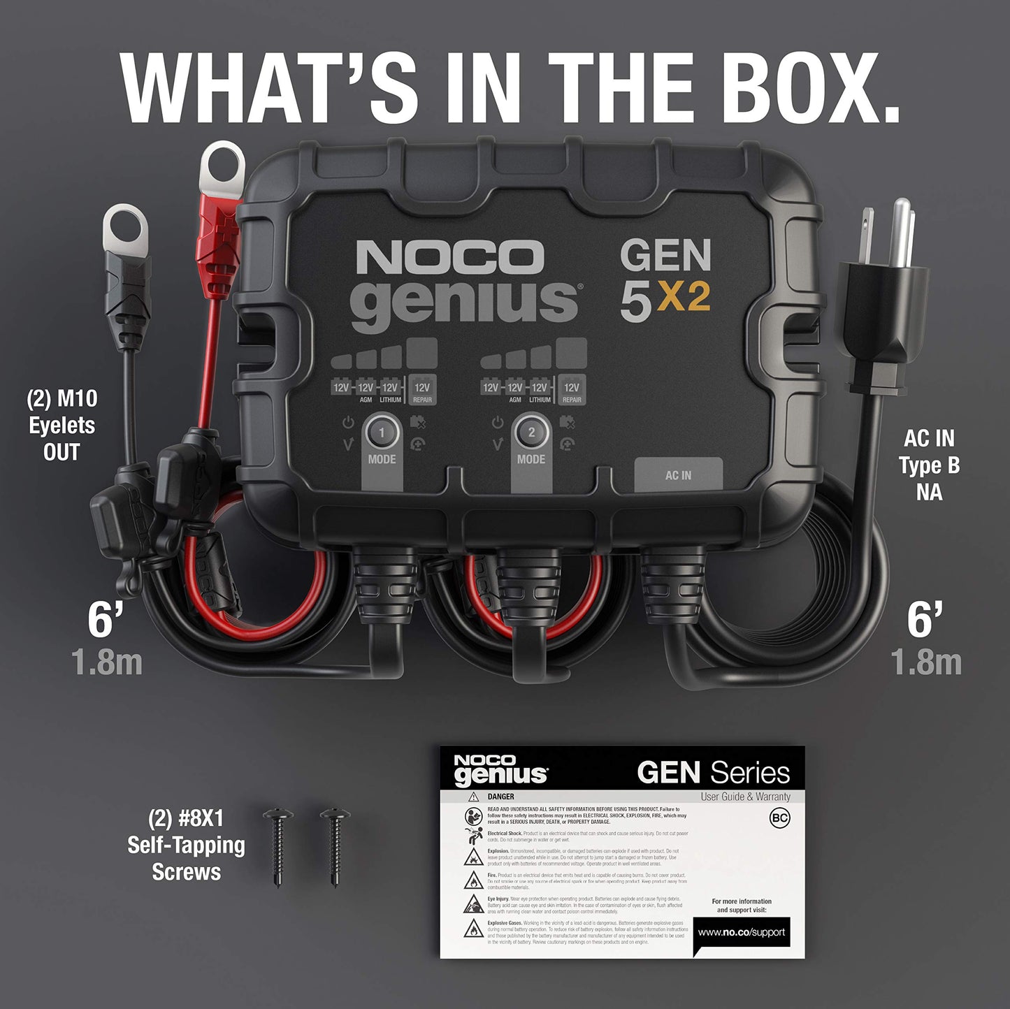 NOCO Genius GEN5X2: 2-Bank, 10A Onboard Battery Charger - 5A Per Bank, 12V Waterproof Marine Charger with Overcharge Protection & Temperature Compensation – for Lead-Acid & Lithium Batteries