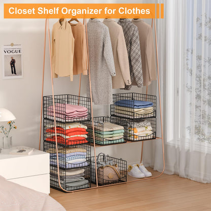 Hongtamoya 4-Tier Stackable Closet Organizers and Storage Shelves, Clothes Storage Basket, Clothes Shelf Organizer Sweater Organizer Bins Container for Wardrobe Kitchen Bathroom Office, Black