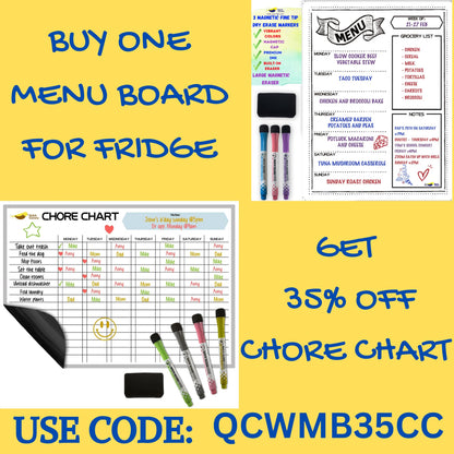 Magnetic Weekly Meal Planner for Refrigerator – 16x12” Dry Erase Menu Board for Kitchen – Fridge Calendar with 3 Markers & Eraser – Track Meals, Groceries, Notes & More – Easy-Clean Whiteboard