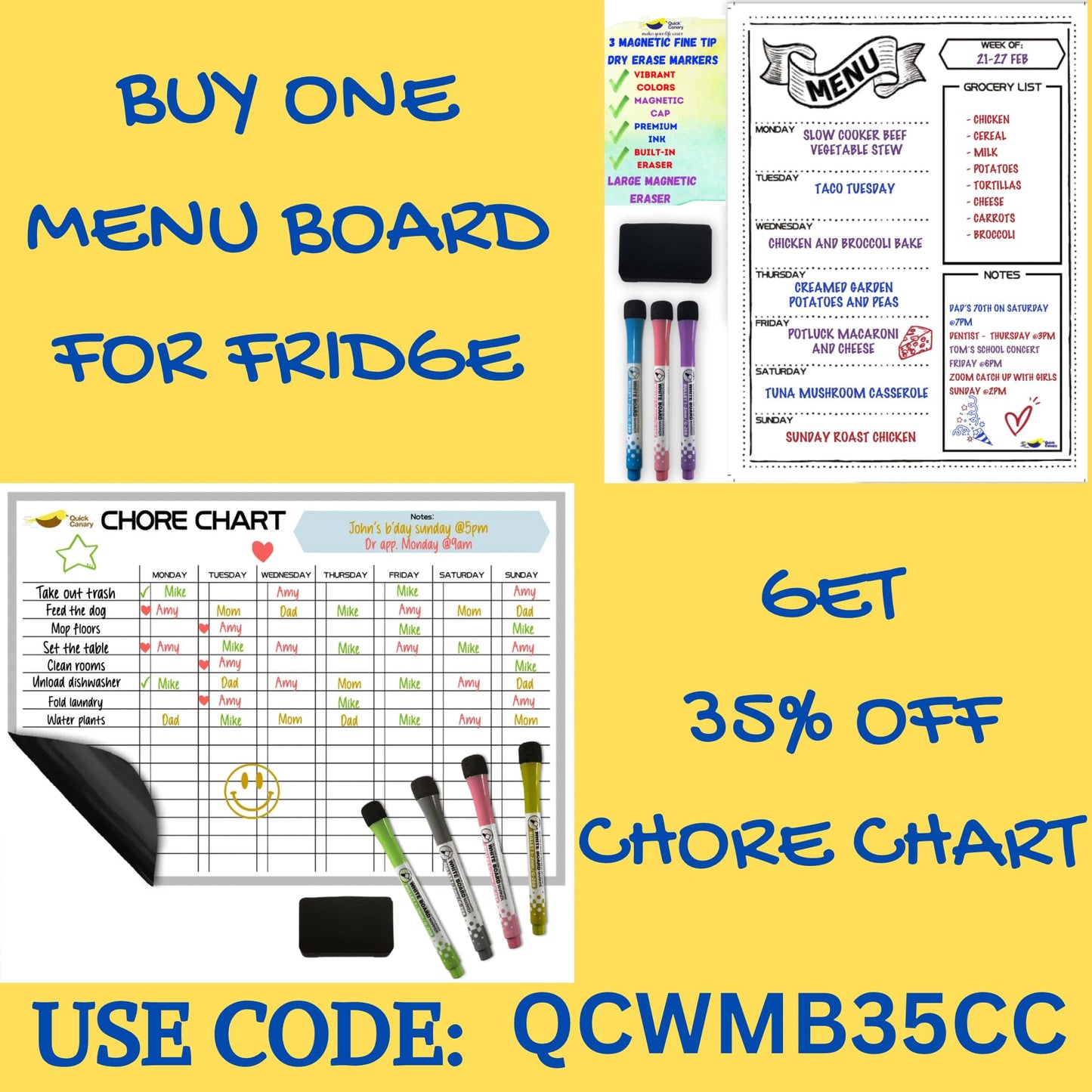 Magnetic Weekly Meal Planner for Refrigerator – 16x12” Dry Erase Menu Board for Kitchen – Fridge Calendar with 3 Markers & Eraser – Track Meals, Groceries, Notes & More – Easy-Clean Whiteboard