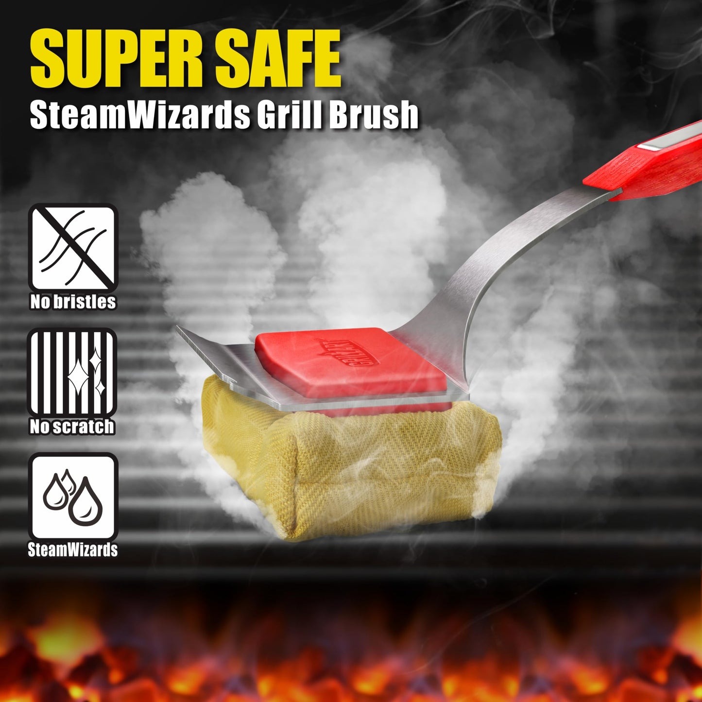 GRILLART Grill Brush Bristle Free. SteamWizards BBQ Replaceable Cleaning Head, Unique Seamless-Fit Scraper Tool for Cast Iron/Stainless-Steel Grates, Safe Barbecue Grill Cleaner-Red
